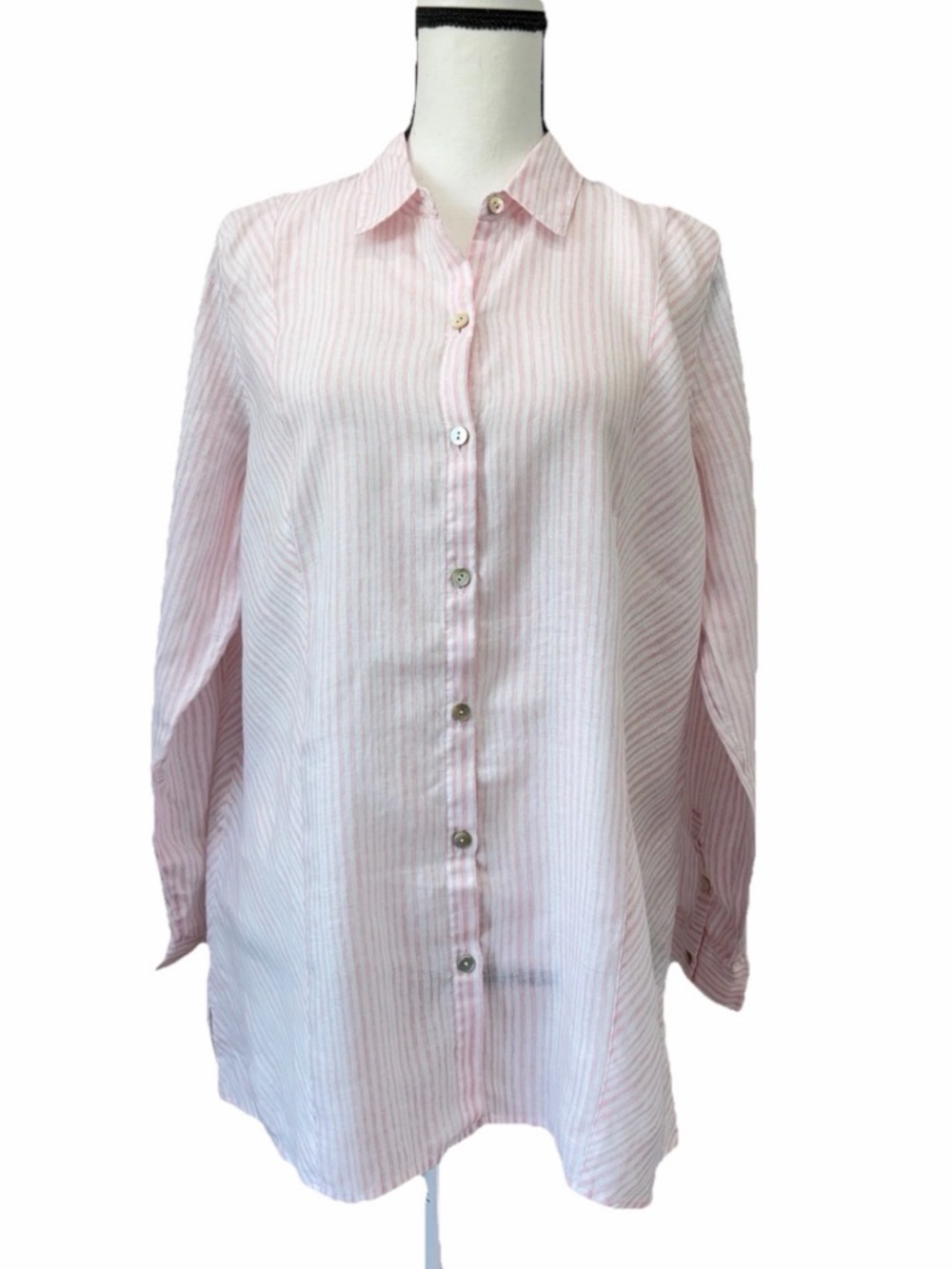 J. Jill Pink and White Striped “Love Linen” Long Sleeve Button Up Shirt size Med